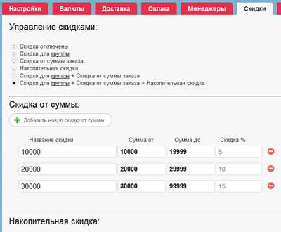 Скидки от суммы заказа + накопительная скидка